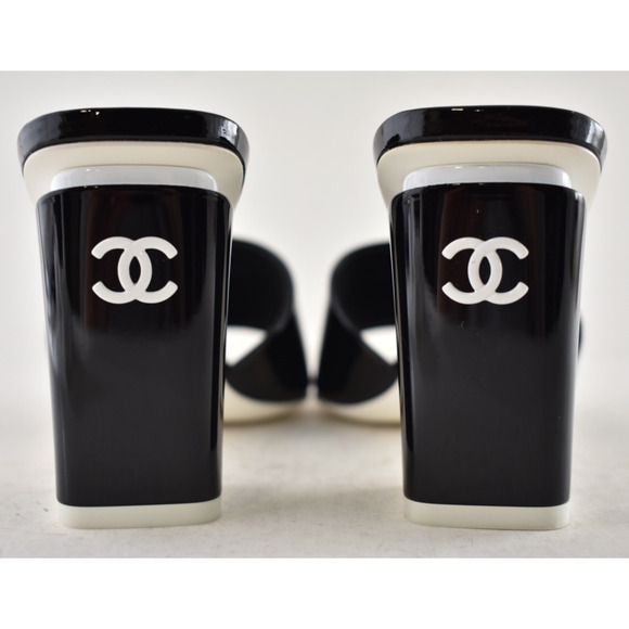 Chanel 22C Black Patent Calf White CC Logo Mule Slide Block Heel Sandal 36.5 - Picture 10 of 12